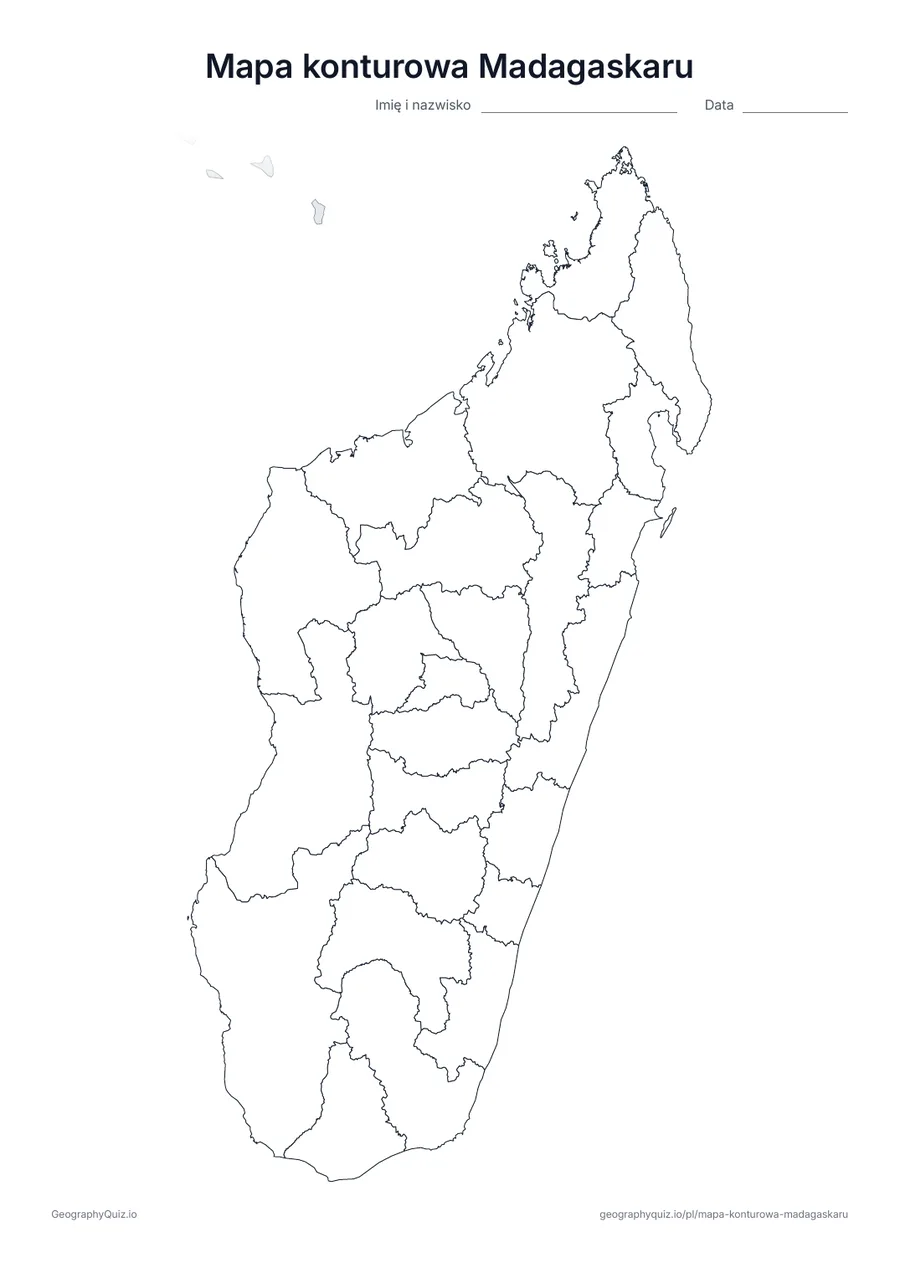 Podgląd karty pracy do druku „Mapa konturowa Madagaskaru”: Mapa konturowa Madagaskaru z granicami wszystkich 24 regionów; państwa sąsiednie są zacieniowane na szaro
