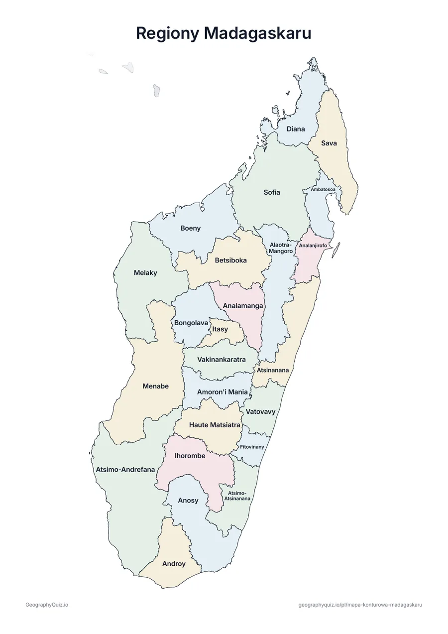 Podgląd karty pracy do druku „Regiony Madagaskaru”: Mapa Madagaskaru ze wszystkimi nazwami – karta poglądowa na lekcję i do sprawdzania odpowiedzi