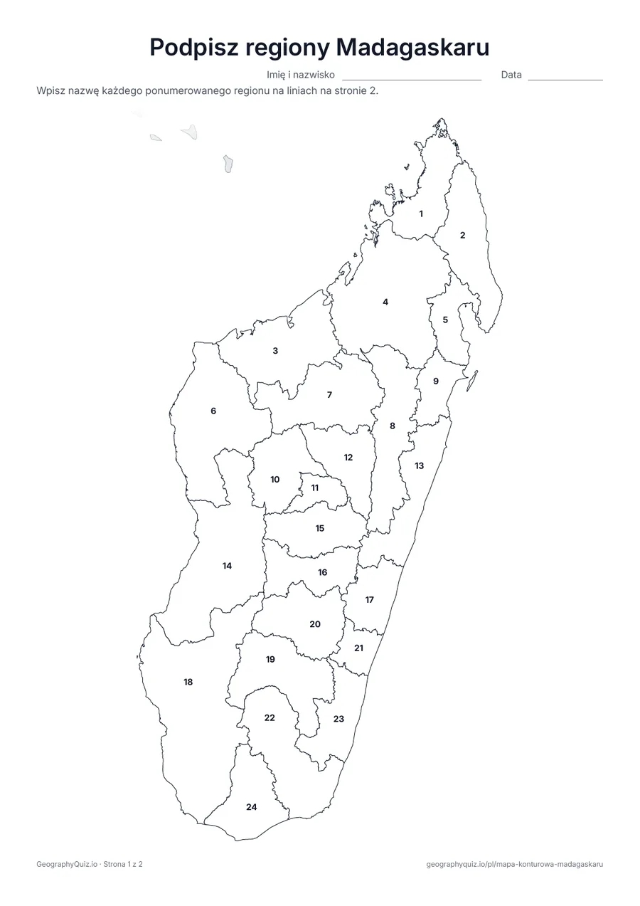 Podgląd karty pracy do druku „Podpisz regiony Madagaskaru”: Mapa z numerami wszystkich 24 regionów