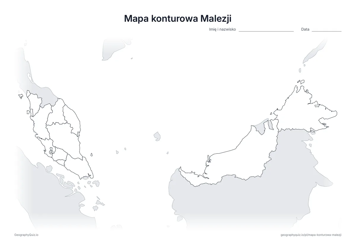 Podgląd karty pracy do druku „Mapa konturowa Malezji”: Mapa konturowa Malezji z granicami wszystkich 13 stanów i 3 terytoriów federalnych; państwa sąsiednie są zacieniowane na szaro