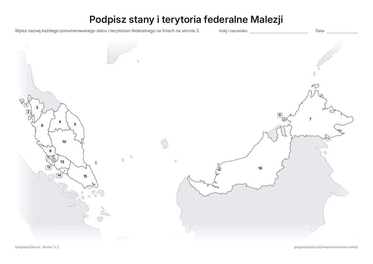 Podgląd karty pracy do druku „Podpisz stany i terytoria federalne Malezji”: Mapa z numerami wszystkich 13 stanów i 3 terytoriów federalnych