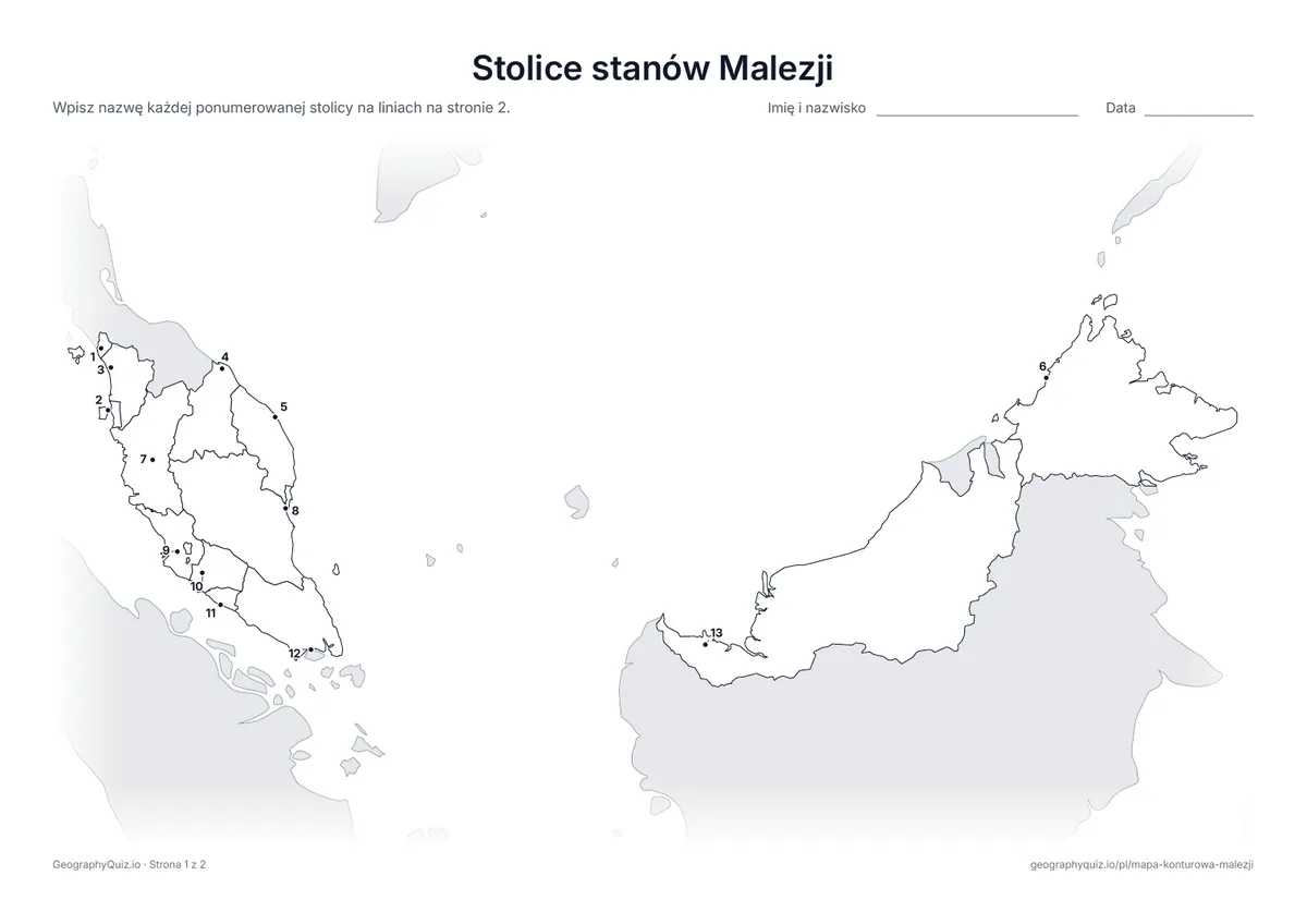 Podgląd karty pracy do druku „Stolice stanów Malezji”: Stolica każdego z 13 stanów jest oznaczona ponumerowaną kropką