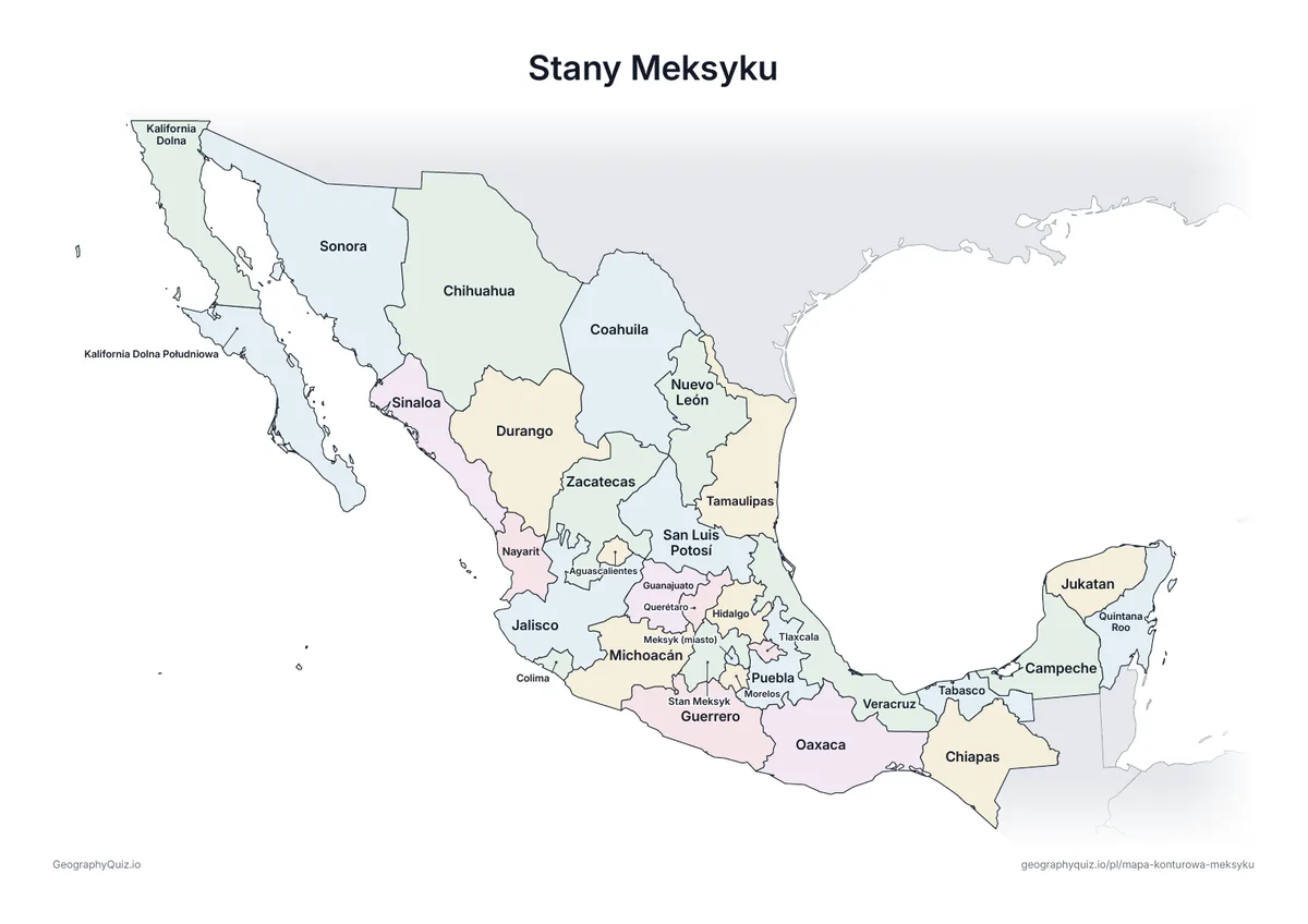 Podgląd karty pracy do druku „Stany Meksyku”: Mapa Meksyku ze wszystkimi nazwami – karta poglądowa na lekcję i do sprawdzania odpowiedzi