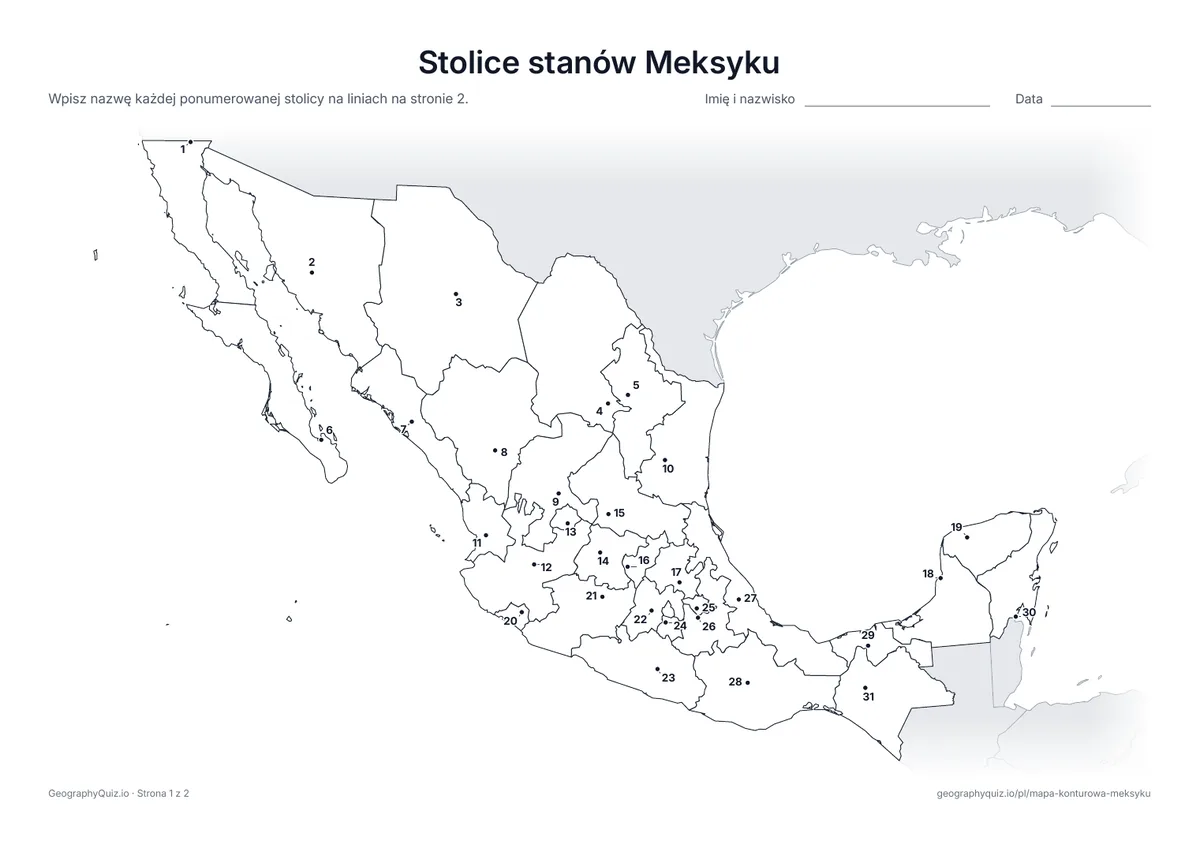 Podgląd karty pracy do druku „Stolice stanów Meksyku”: Stolica każdego z 31 stanów jest oznaczona ponumerowaną kropką