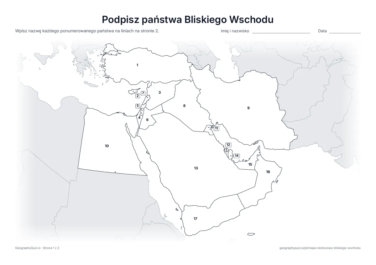 Podgląd karty pracy do druku „Podpisz państwa Bliskiego Wschodu”: Mapa z numerami wszystkich 17 państw