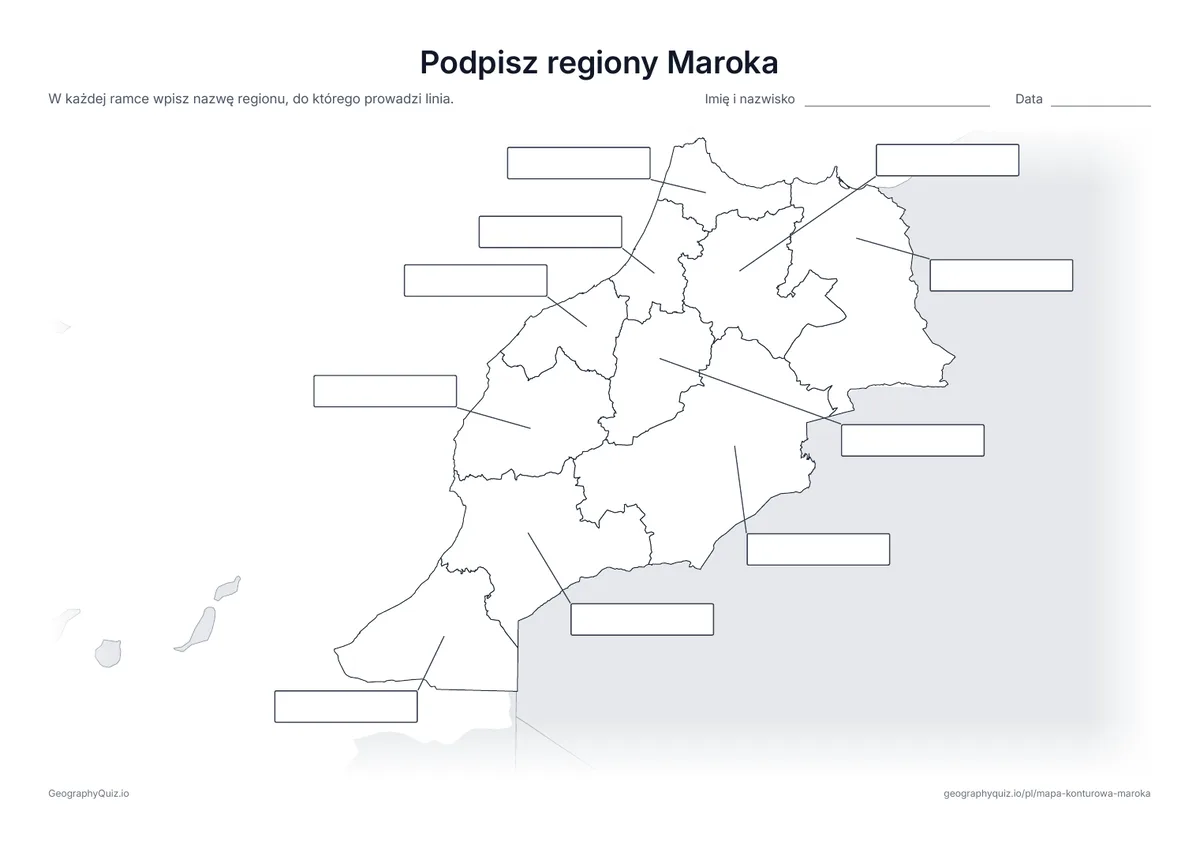 Podgląd karty pracy do druku „Podpisz regiony Maroka”: Od wszystkich 10 regionów prowadzą linie do pustych ramek na odpowiedzi, jak na karcie „Podpisz kontynenty” wśród map świata