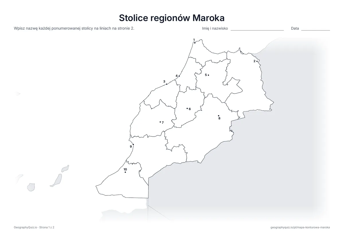 Podgląd karty pracy do druku „Stolice regionów Maroka”: Każda stolica jest oznaczona ponumerowaną kropką