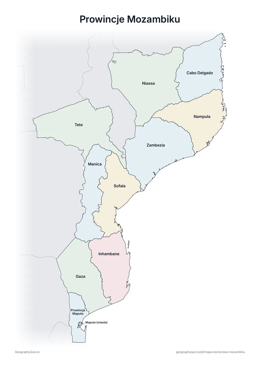 Podgląd karty pracy do druku „Prowincje Mozambiku”: Mapa Mozambiku ze wszystkimi nazwami – karta poglądowa na lekcję i do sprawdzania odpowiedzi