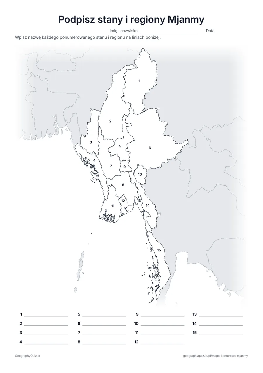 Podgląd karty pracy do druku „Podpisz stany i regiony Mjanmy”: Mapa z numerami wszystkich 7 stanów, 7 regionów i terytorium związkowego Naypyidaw