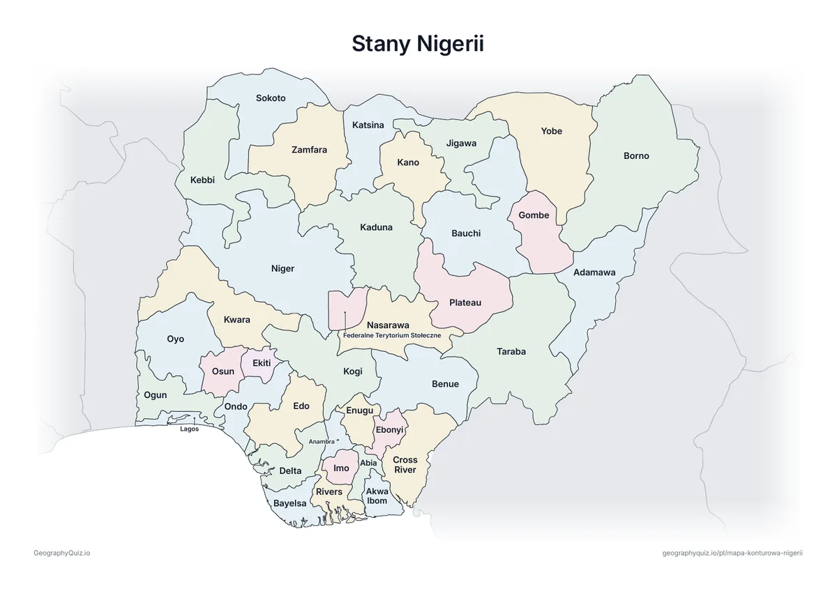 Podgląd karty pracy do druku „Stany Nigerii”: Mapa Nigerii ze wszystkimi nazwami – karta poglądowa na lekcję i do sprawdzania odpowiedzi