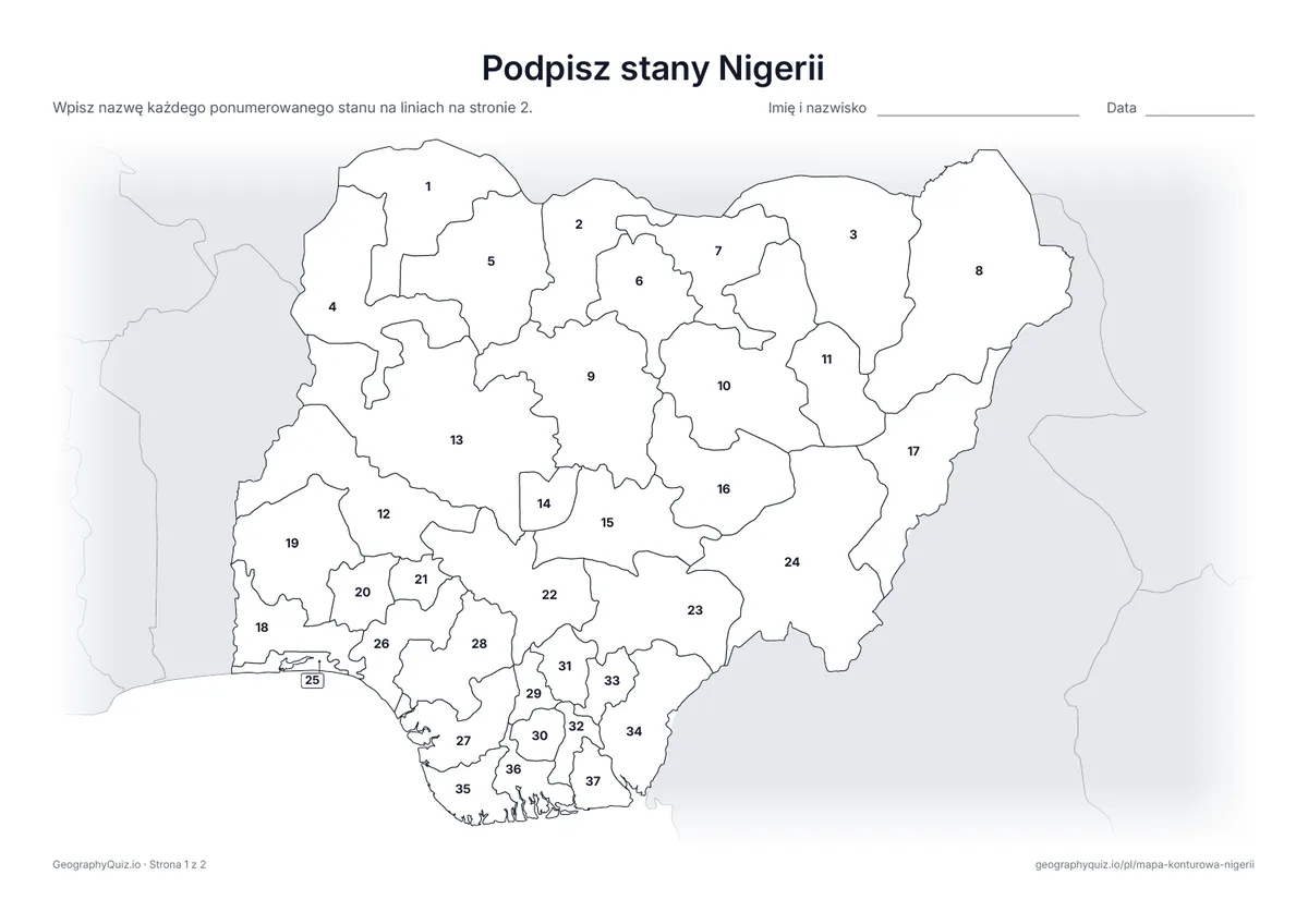Podgląd karty pracy do druku „Podpisz stany Nigerii”: Mapa z numerami wszystkich 36 stanów i Federalnego Terytorium Stołecznego
