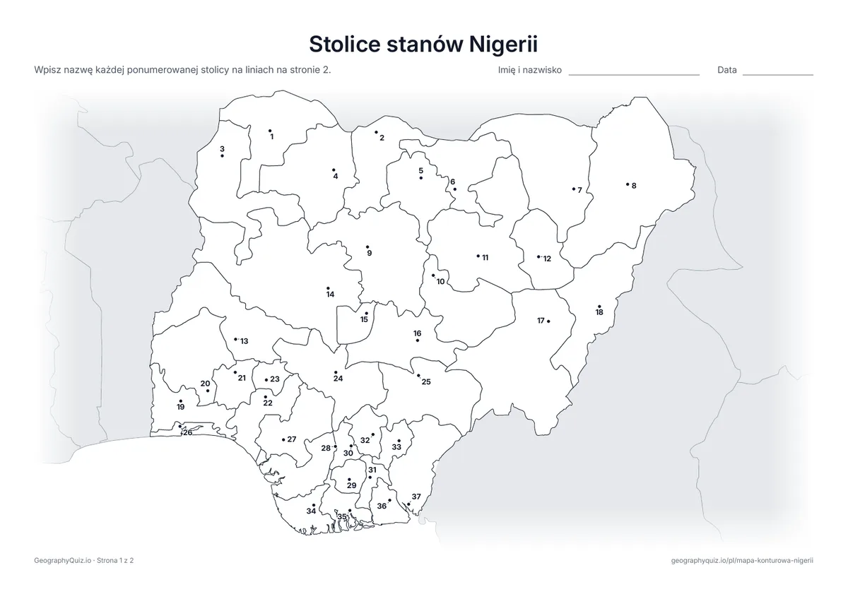 Podgląd karty pracy do druku „Stolice stanów Nigerii”: Każda stolica jest oznaczona ponumerowaną kropką
