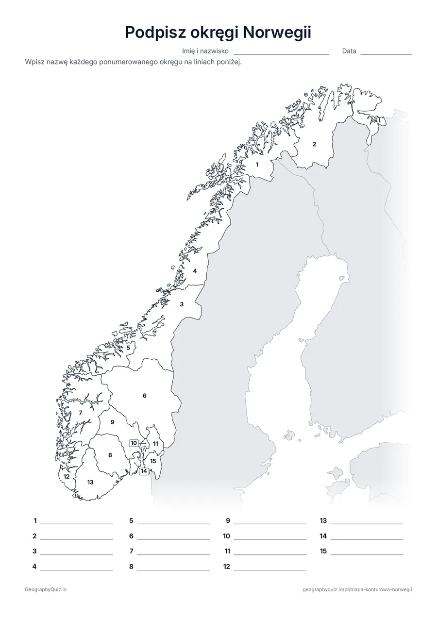 Podgląd karty pracy do druku „Podpisz okręgi Norwegii”: Mapa z numerami wszystkich 15 okręgów