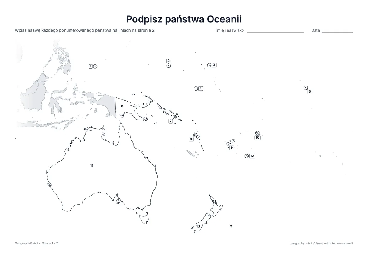 Podgląd karty pracy do druku „Podpisz państwa Oceanii”: Każde państwo ma numer