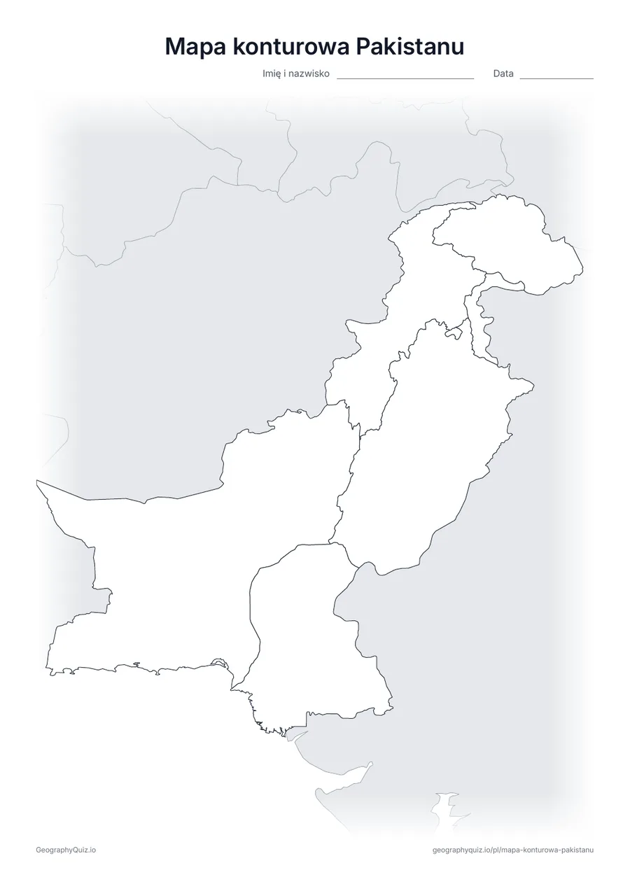 Podgląd karty pracy do druku „Mapa konturowa Pakistanu”: Mapa konturowa Pakistanu z granicami wszystkich 4 prowincji i 3 terytoriów; państwa sąsiednie są zacieniowane na szaro