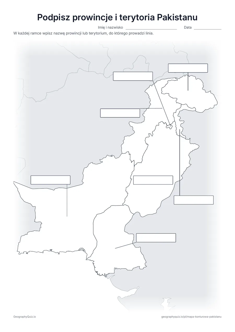 Podgląd karty pracy do druku „Podpisz prowincje i terytoria Pakistanu”: Od wszystkich 4 prowincji i 3 terytoriów prowadzą linie do pustych ramek na odpowiedzi, jak na karcie „Podpisz kontynenty” wśród map świata