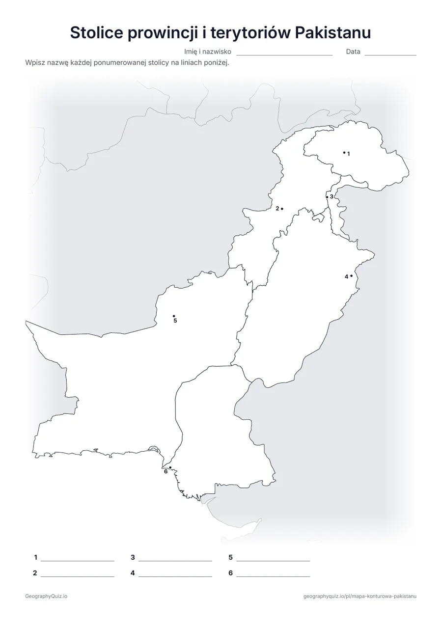 Podgląd karty pracy do druku „Stolice prowincji i terytoriów Pakistanu”: Stolica każdej prowincji oraz Gilgit-Baltistanu i Azad Dżammu i Kaszmiru jest oznaczona ponumerowaną kropką