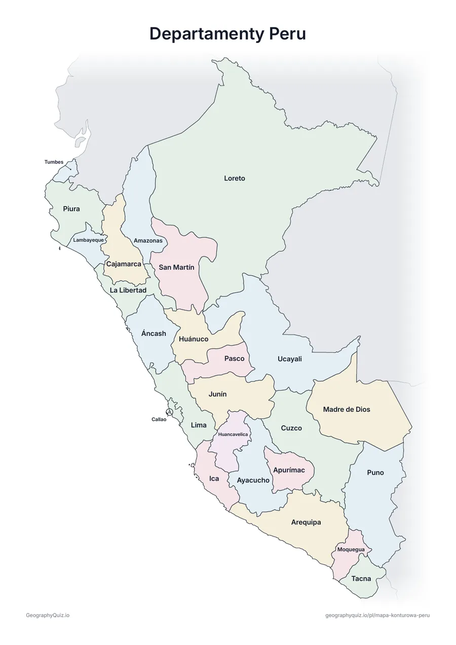 Podgląd karty pracy do druku „Departamenty Peru”: Mapa Peru ze wszystkimi nazwami – karta poglądowa na lekcję i do sprawdzania odpowiedzi