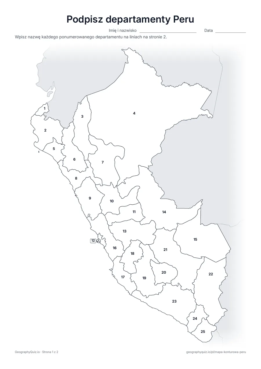 Podgląd karty pracy do druku „Podpisz departamenty Peru”: Mapa z numerami wszystkich 24 departamentów i Callao
