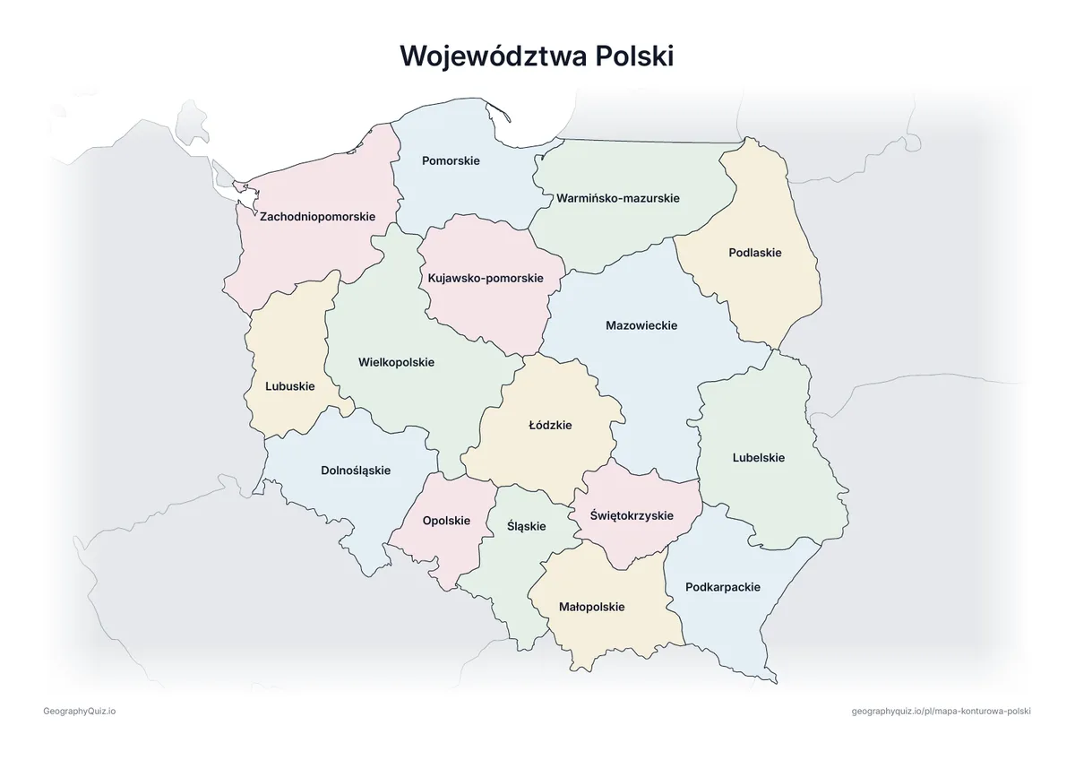 Podgląd karty pracy do druku „Województwa Polski”: Mapa Polski ze wszystkimi nazwami – karta poglądowa na lekcję i do sprawdzania odpowiedzi