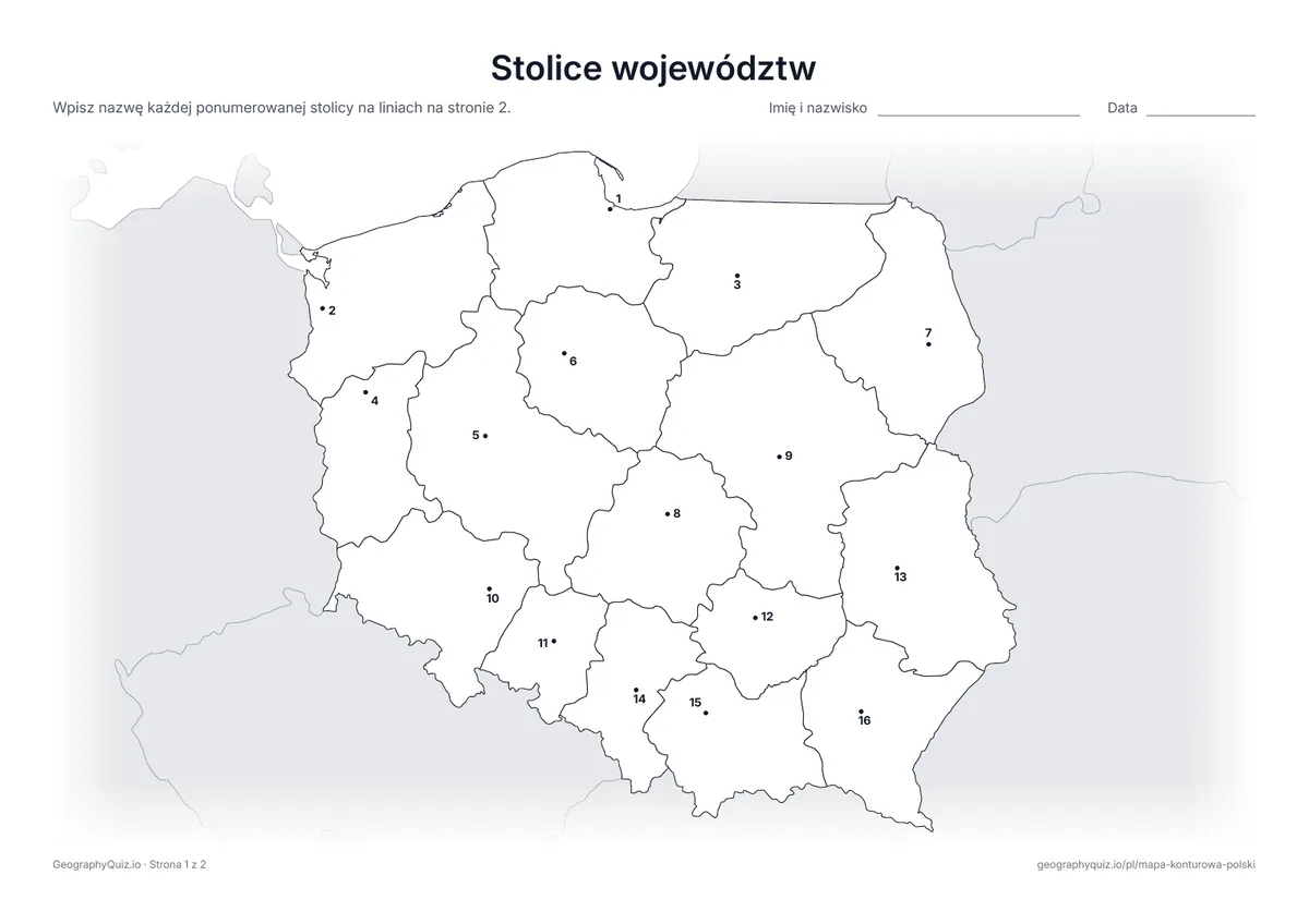 Podgląd karty pracy do druku „Stolice województw”: Siedziba wojewody w każdym województwie jest oznaczona ponumerowaną kropką
