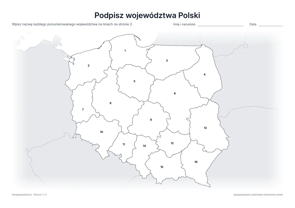 Podgląd karty pracy do druku „Podpisz województwa Polski”: Mapa z numerami wszystkich 16 województw
