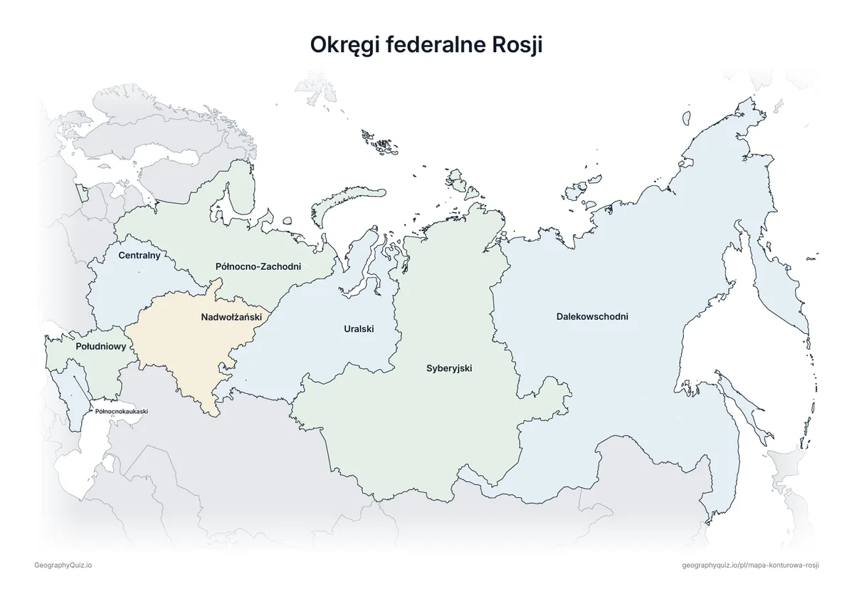 Podgląd karty pracy do druku „Okręgi federalne Rosji”: Mapa Rosji ze wszystkimi nazwami – karta poglądowa na lekcję i do sprawdzania odpowiedzi