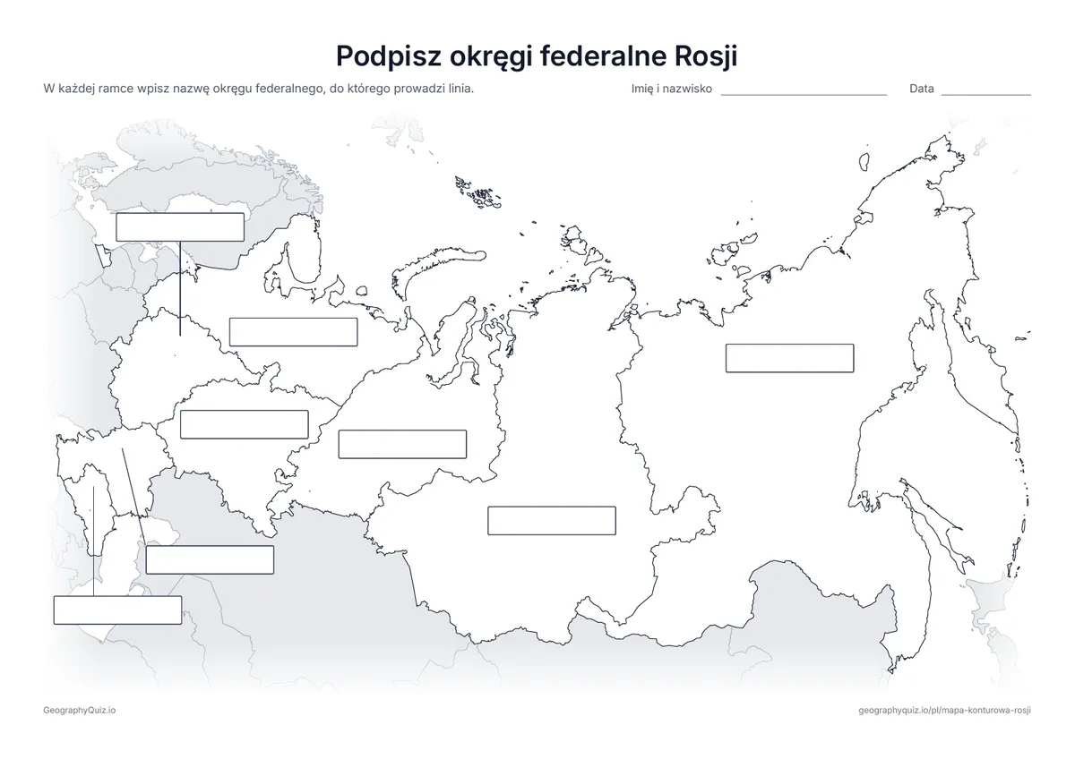 Podgląd karty pracy do druku „Podpisz okręgi federalne Rosji”: Od wszystkich 8 okręgów federalnych prowadzą linie do pustych ramek na odpowiedzi, jak na karcie „Podpisz kontynenty” wśród map świata