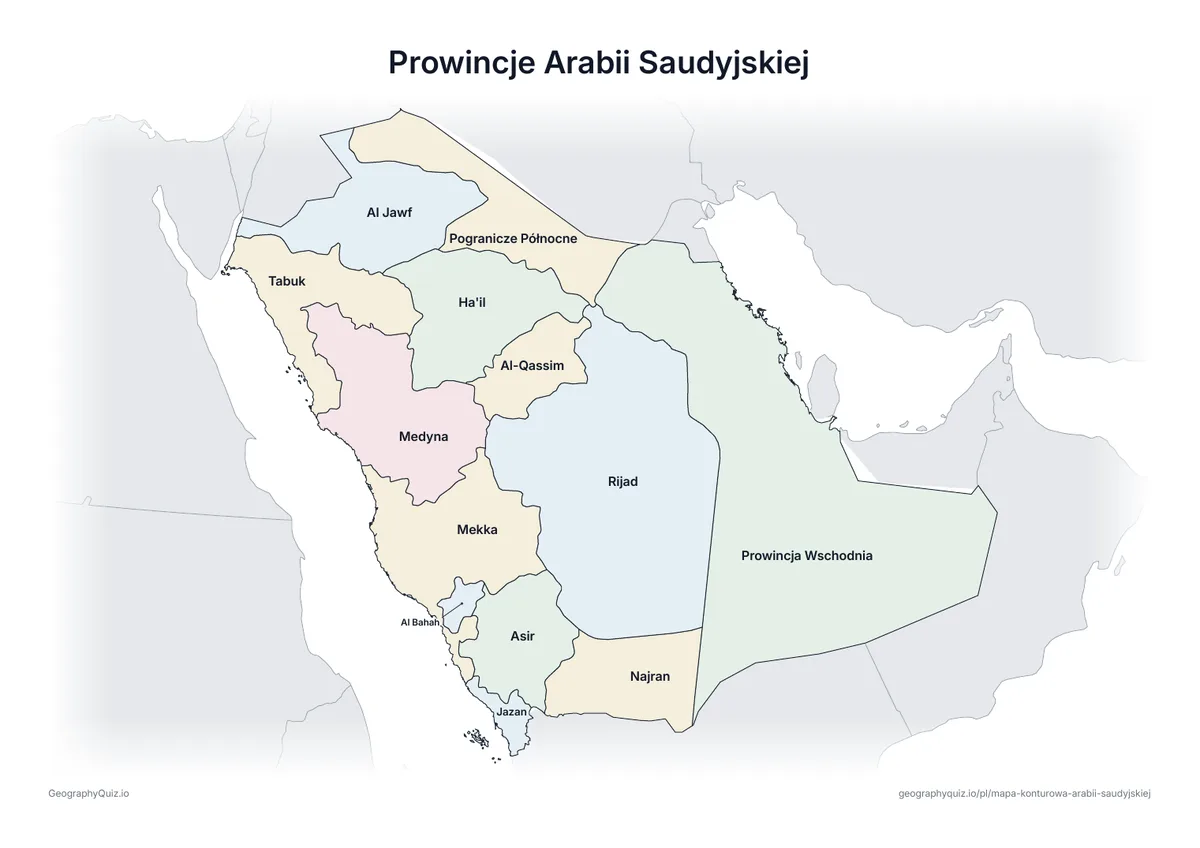 Podgląd karty pracy do druku „Prowincje Arabii Saudyjskiej”: Mapa Arabii Saudyjskiej ze wszystkimi nazwami – karta poglądowa na lekcję i do sprawdzania odpowiedzi