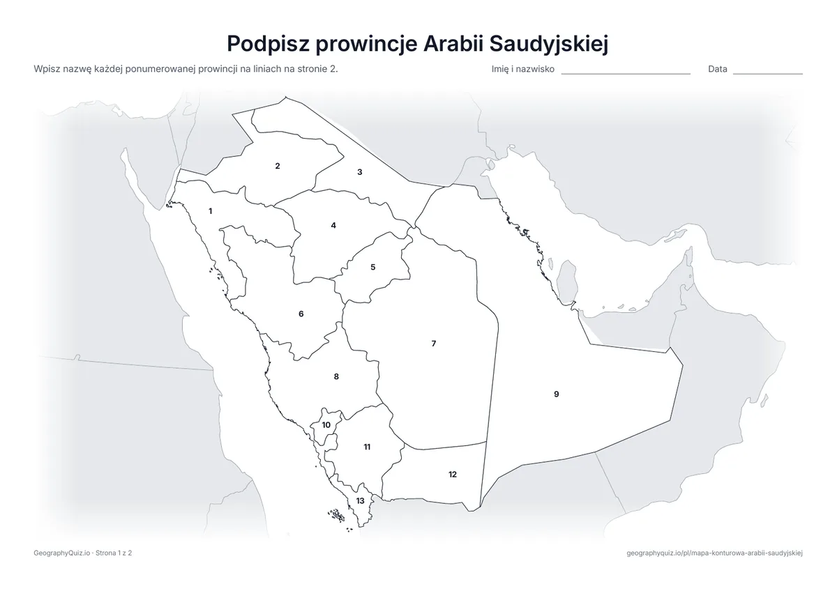 Podgląd karty pracy do druku „Podpisz prowincje Arabii Saudyjskiej”: Mapa z numerami wszystkich 13 prowincji