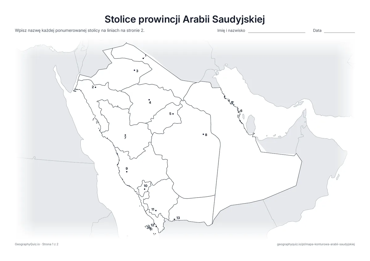 Podgląd karty pracy do druku „Stolice prowincji Arabii Saudyjskiej”: Każda stolica jest oznaczona ponumerowaną kropką