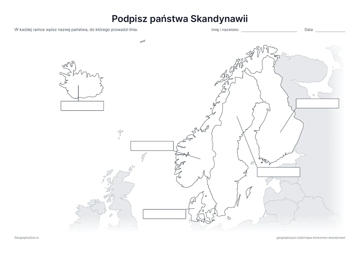 Podgląd karty pracy do druku „Podpisz państwa Skandynawii”: Od wszystkich 5 państw prowadzą linie do pustych ramek na odpowiedzi, jak na karcie „Podpisz kontynenty” wśród map świata