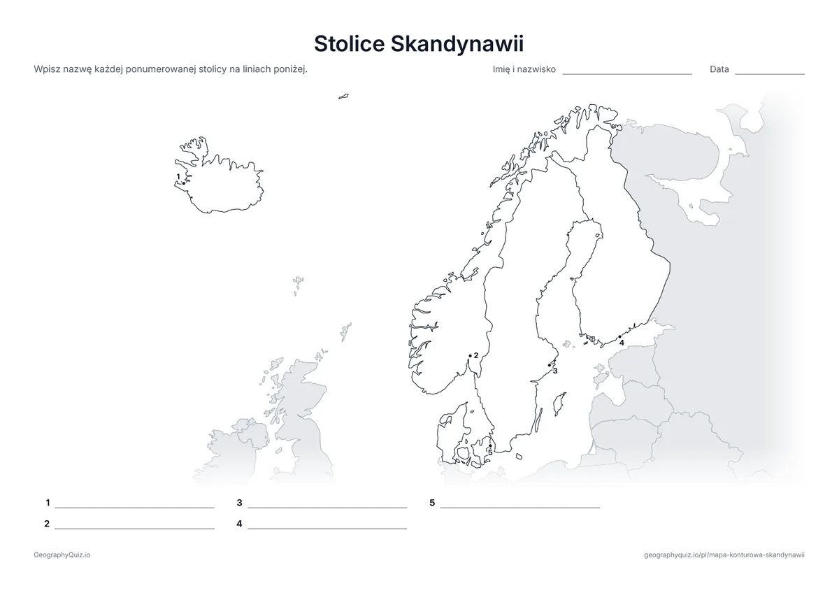 Podgląd karty pracy do druku „Stolice Skandynawii”: Każda stolica jest oznaczona ponumerowaną kropką