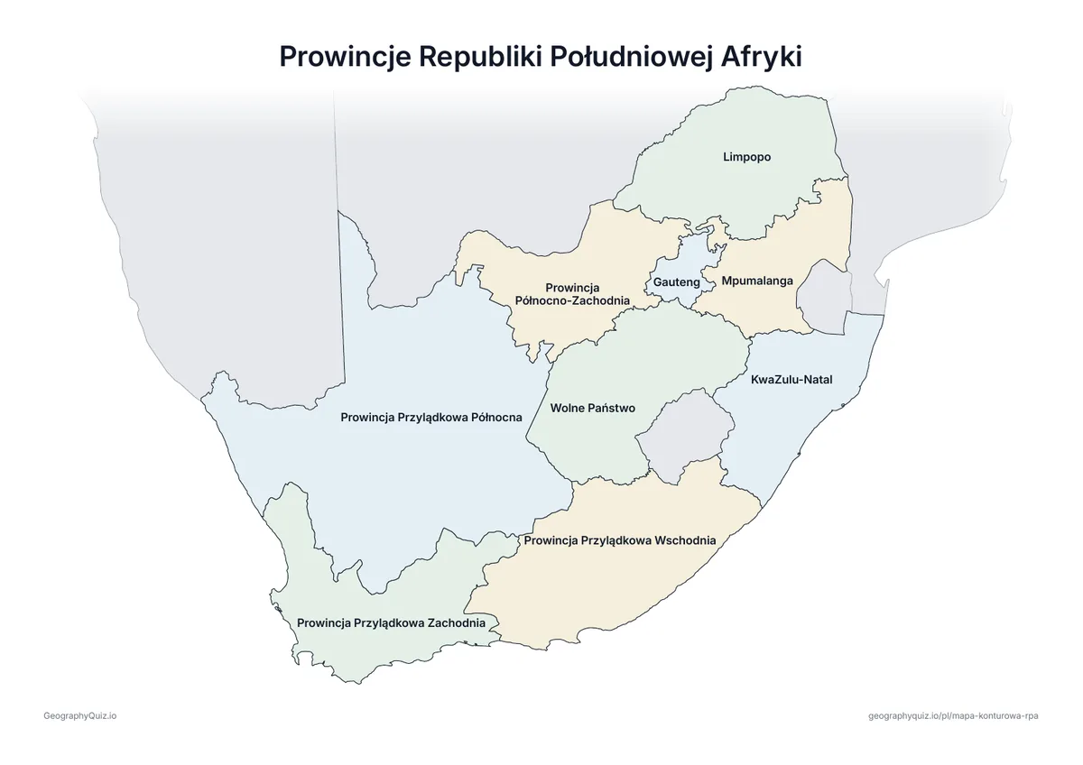Podgląd karty pracy do druku „Prowincje Republiki Południowej Afryki”: Mapa Republiki Południowej Afryki ze wszystkimi nazwami – karta poglądowa na lekcję i do sprawdzania odpowiedzi