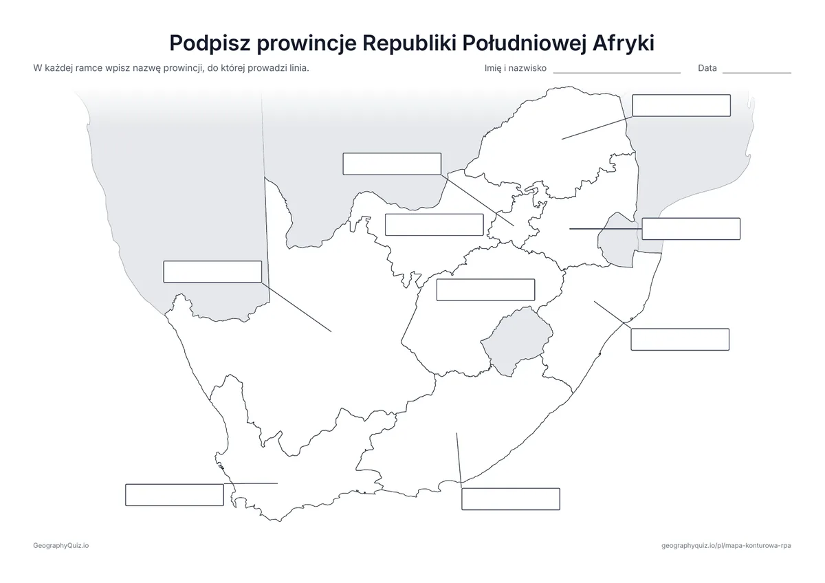 Podgląd karty pracy do druku „Podpisz prowincje Republiki Południowej Afryki”: Od wszystkich 9 prowincji prowadzą linie do pustych ramek na odpowiedzi, jak na karcie „Podpisz kontynenty” wśród map świata