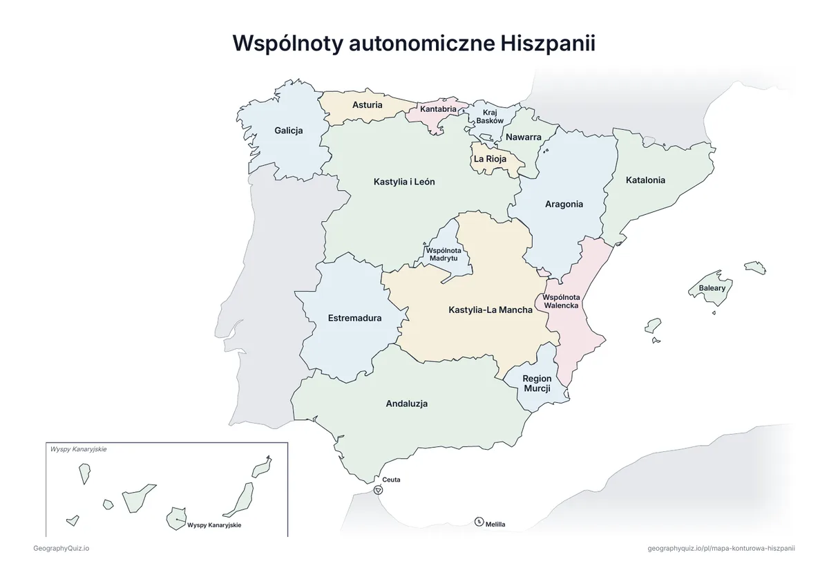 Podgląd karty pracy do druku „Wspólnoty autonomiczne Hiszpanii”: Mapa Hiszpanii ze wszystkimi nazwami – karta poglądowa na lekcję i do sprawdzania odpowiedzi