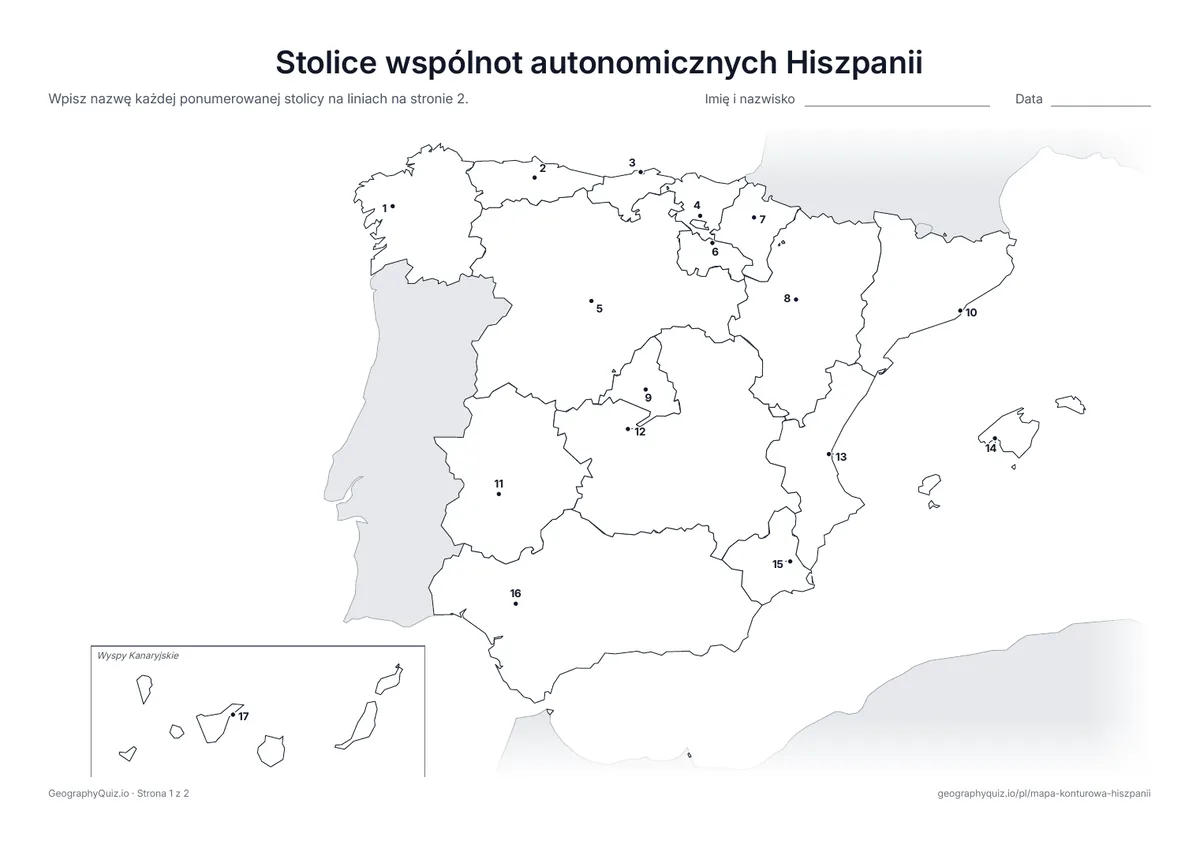 Podgląd karty pracy do druku „Stolice wspólnot autonomicznych Hiszpanii”: Stolica każdej wspólnoty autonomicznej jest oznaczona ponumerowaną kropką