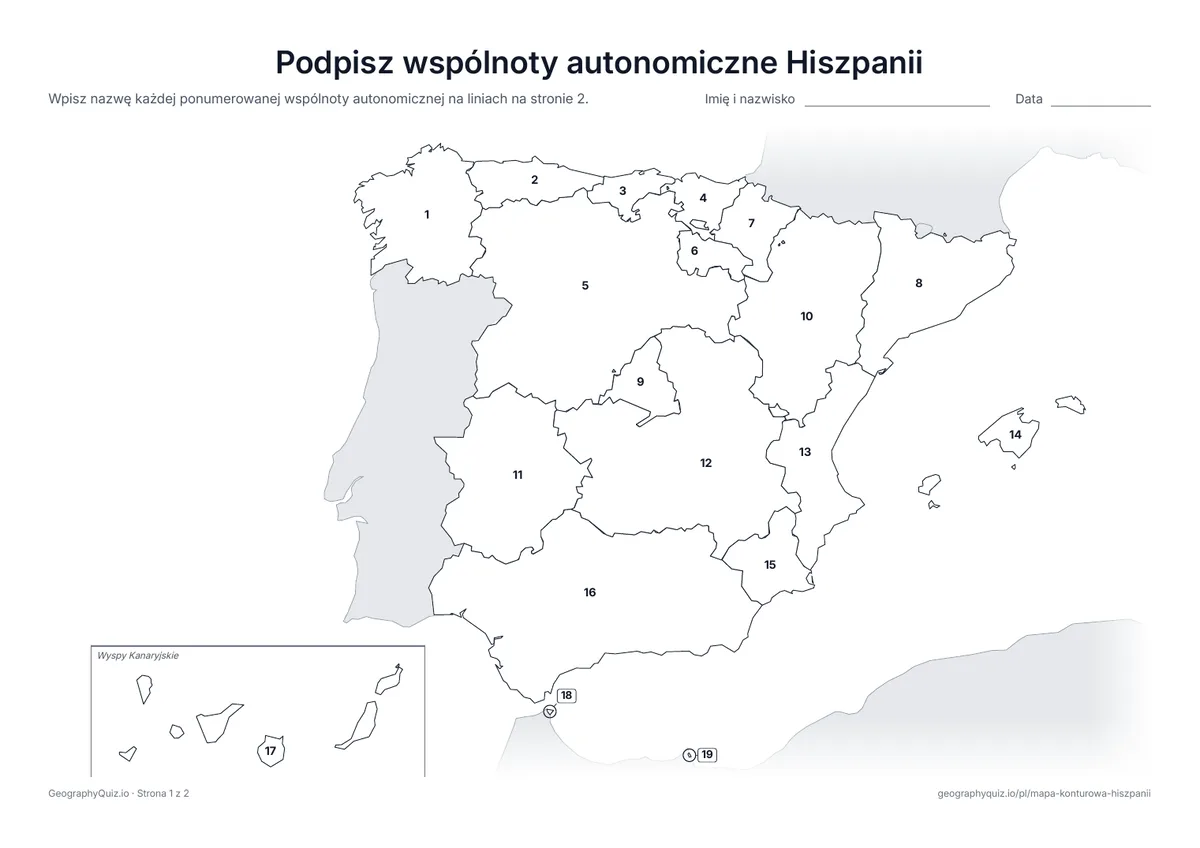 Podgląd karty pracy do druku „Podpisz wspólnoty autonomiczne Hiszpanii”: Mapa z numerami wszystkich 17 wspólnot autonomicznych i 2 miast autonomicznych