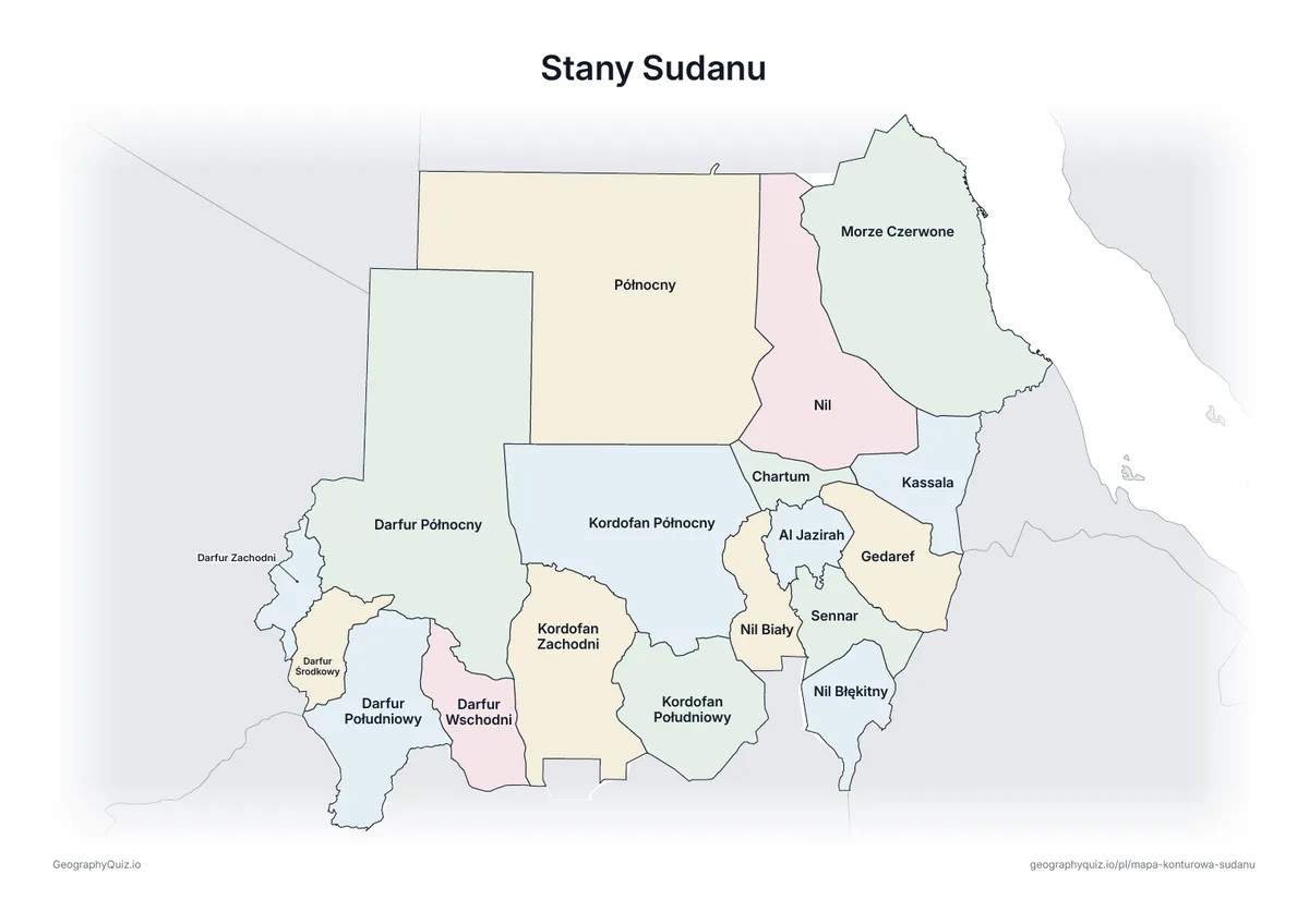 Podgląd karty pracy do druku „Stany Sudanu”: Mapa Sudanu ze wszystkimi nazwami – karta poglądowa na lekcję i do sprawdzania odpowiedzi