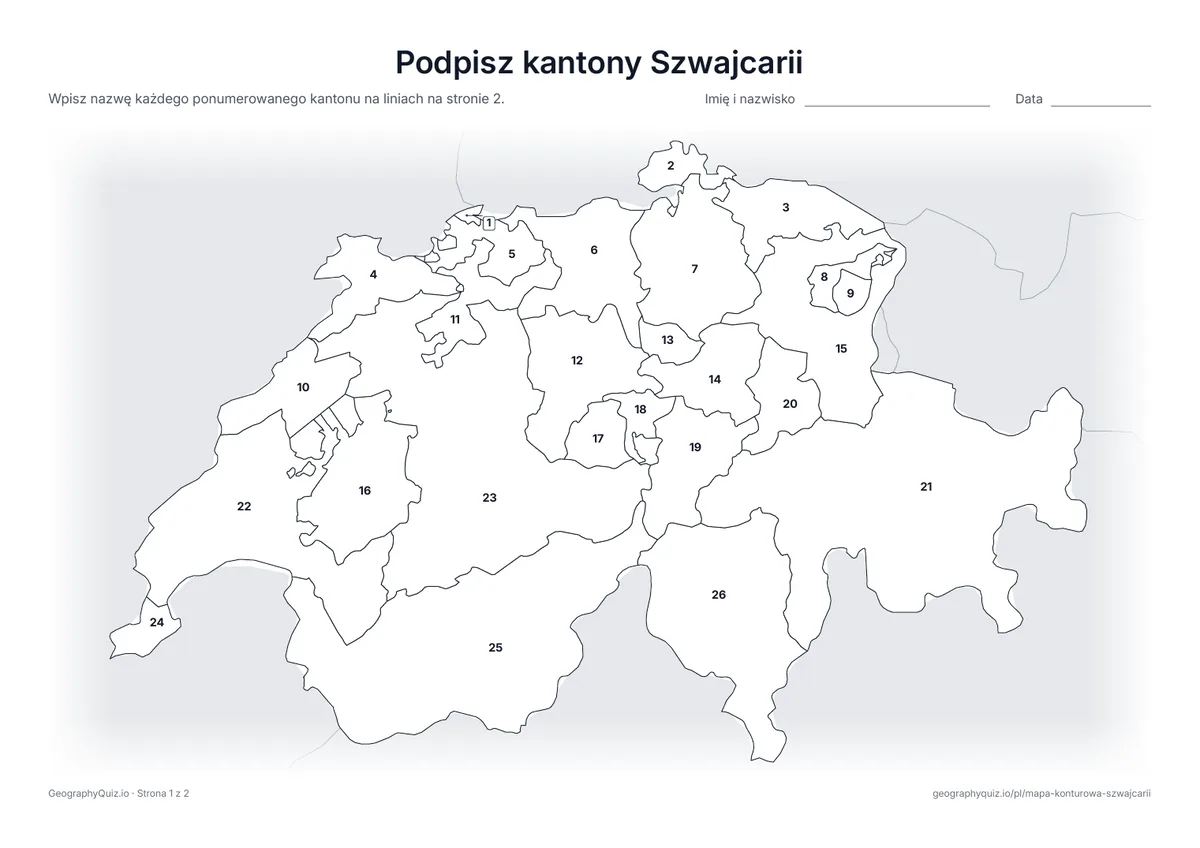Podgląd karty pracy do druku „Podpisz kantony Szwajcarii”: Mapa z numerami wszystkich 26 kantonów
