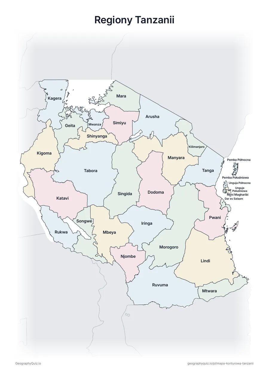 Podgląd karty pracy do druku „Regiony Tanzanii”: Mapa Tanzanii ze wszystkimi nazwami – karta poglądowa na lekcję i do sprawdzania odpowiedzi