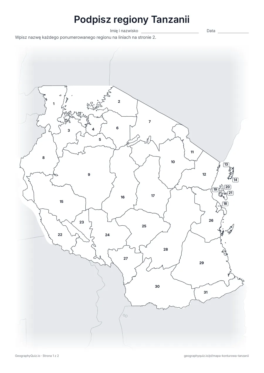 Podgląd karty pracy do druku „Podpisz regiony Tanzanii”: Mapa z numerami wszystkich 31 regionów