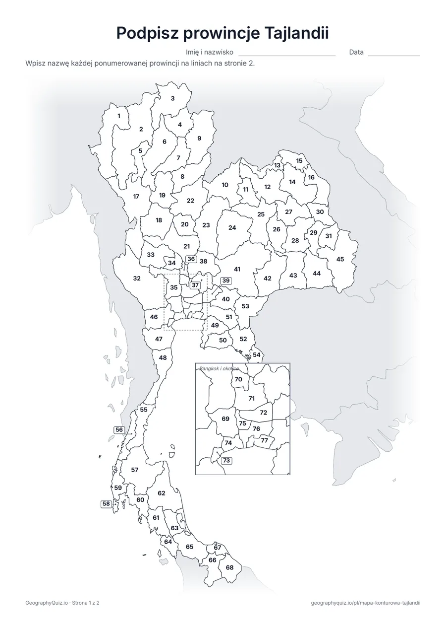 Podgląd karty pracy do druku „Podpisz prowincje Tajlandii”: Mapa z numerami wszystkich 76 prowincji i Bangkoku