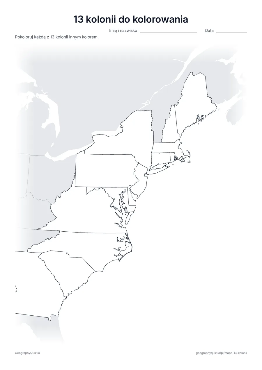 Podgląd karty pracy do druku „13 kolonii do kolorowania”: Pokoloruj każdą z trzynastu kolonii innym kolorem