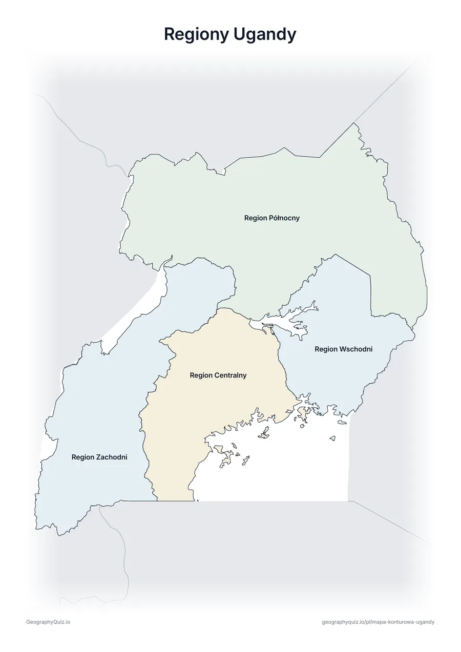 Podgląd karty pracy do druku „Regiony Ugandy”: Mapa Ugandy ze wszystkimi nazwami – karta poglądowa na lekcję i do sprawdzania odpowiedzi