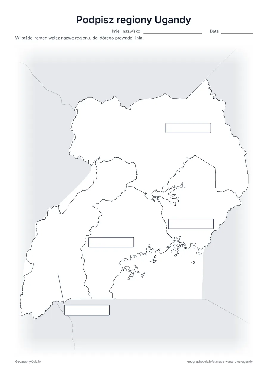 Podgląd karty pracy do druku „Podpisz regiony Ugandy”: Od wszystkich 4 regionów prowadzą linie do pustych ramek na odpowiedzi, jak na karcie „Podpisz kontynenty” wśród map świata
