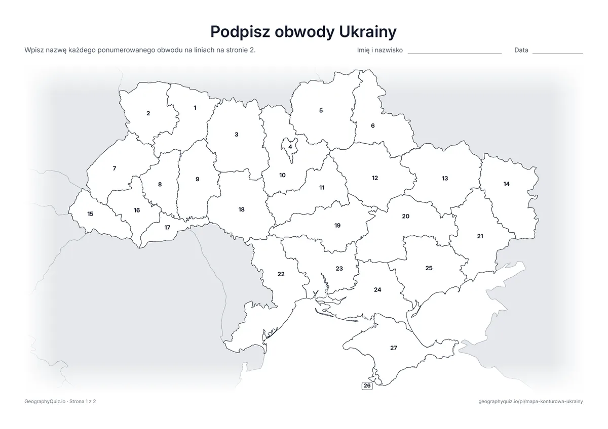 Podgląd karty pracy do druku „Podpisz obwody Ukrainy”: Mapa z numerami wszystkich 24 obwodów, Krymu, Kijowa i Sewastopola