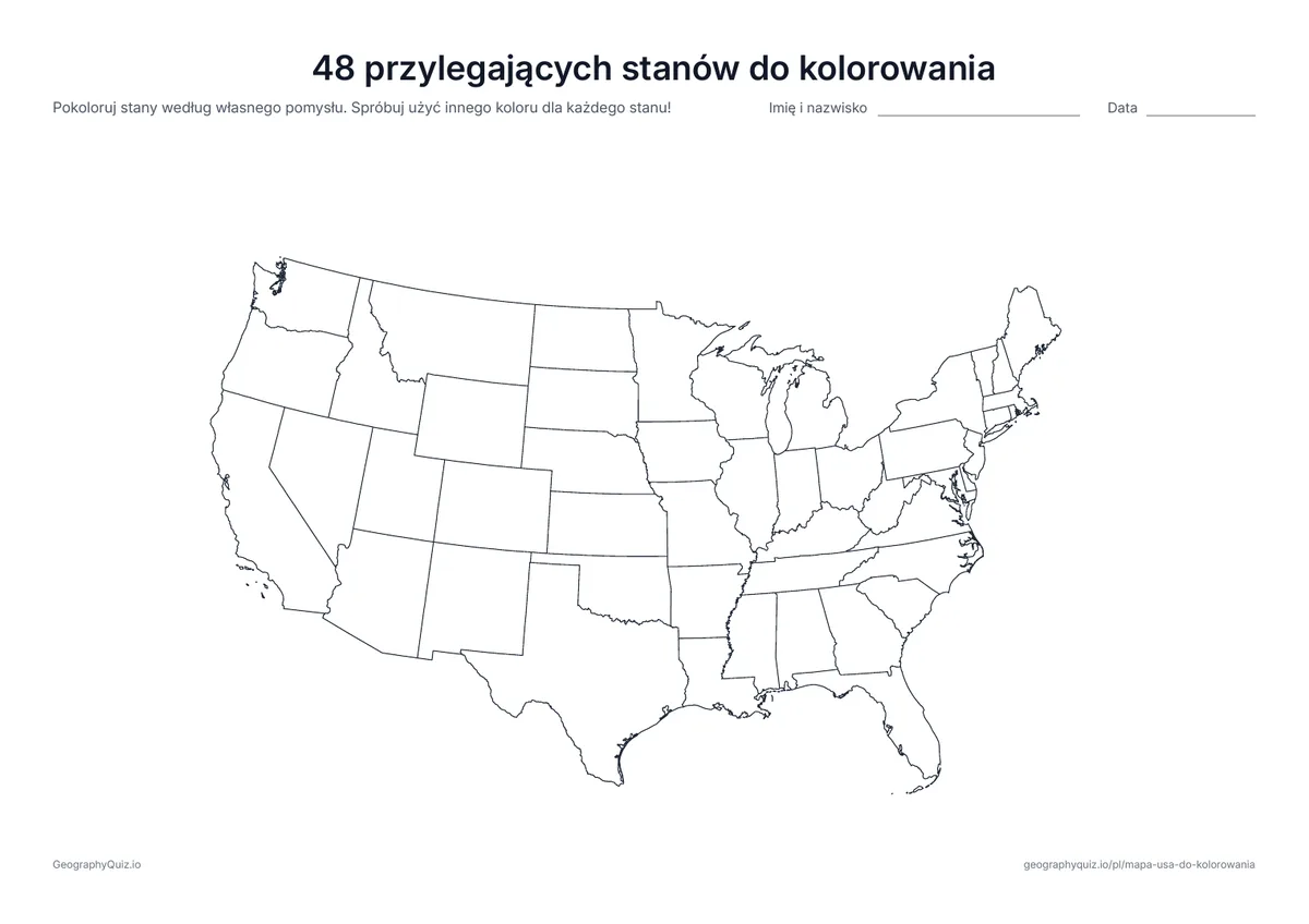 Podgląd karty pracy do druku „48 przylegających stanów do kolorowania”: 48 przylegających stanów w dużym formacie, bez Alaski i Hawajów – więcej miejsca na kolorowanie