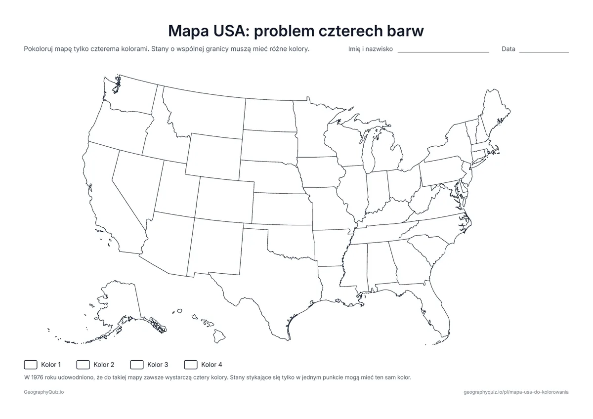 Podgląd karty pracy do druku „Mapa USA: problem czterech barw”: Pokoloruj wszystkie 50 stanów tylko czterema kolorami tak, by żadni dwaj sąsiedzi nie mieli tego samego – wokół Kentucky i Tennessee trudniej, niż się wydaje