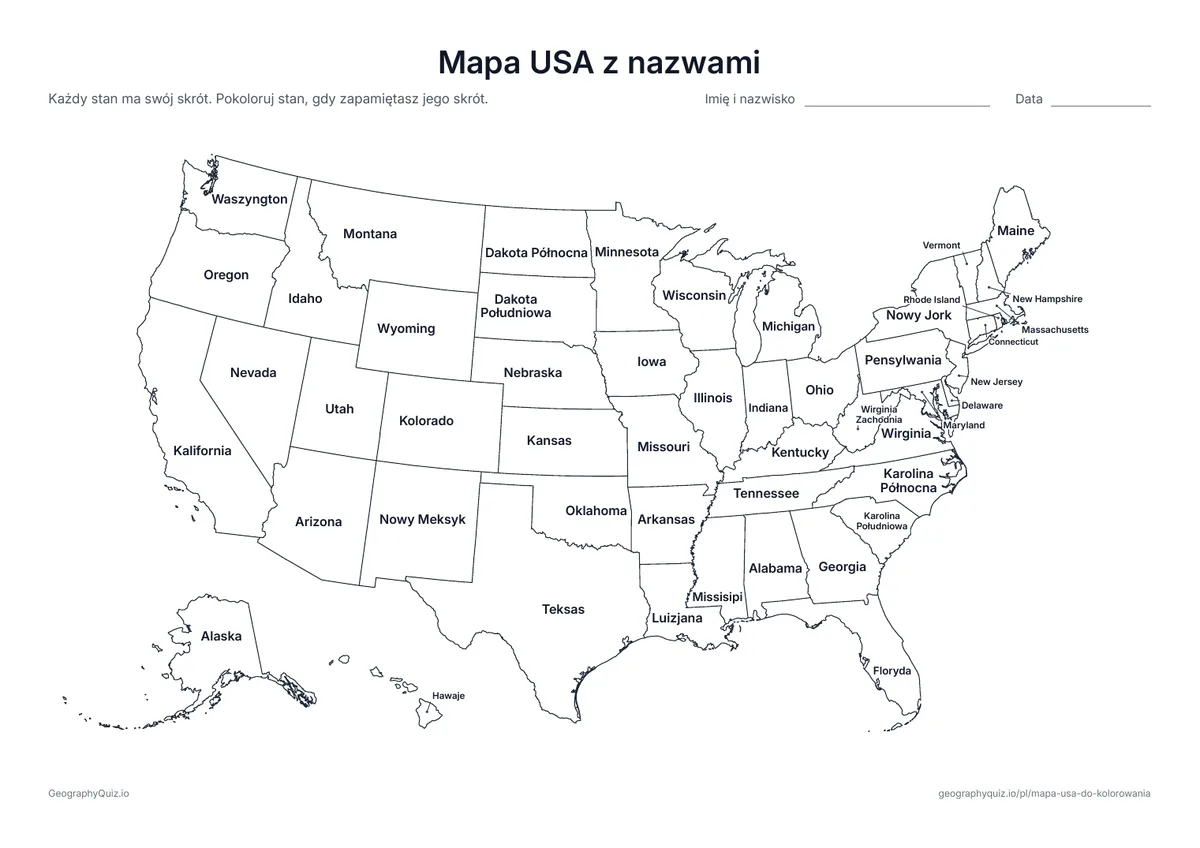 Podgląd karty pracy do druku „Mapa USA z nazwami”: Każdy stan ma wpisaną nazwę; małe stany na północnym wschodzie są podpisane na marginesie